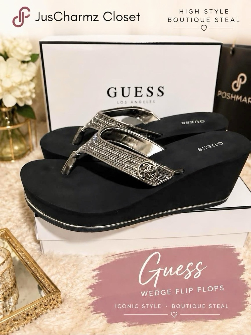 GUESS Black Wedge Flip Flops with Silver Straps